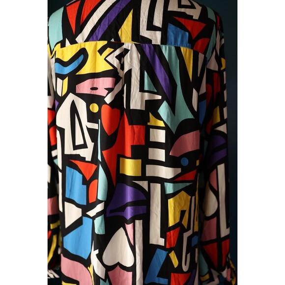 Big Dart 80s Style Colorful Geometric Pop Art Button Up Long Sleeve Color Block - Picture 10 of 11